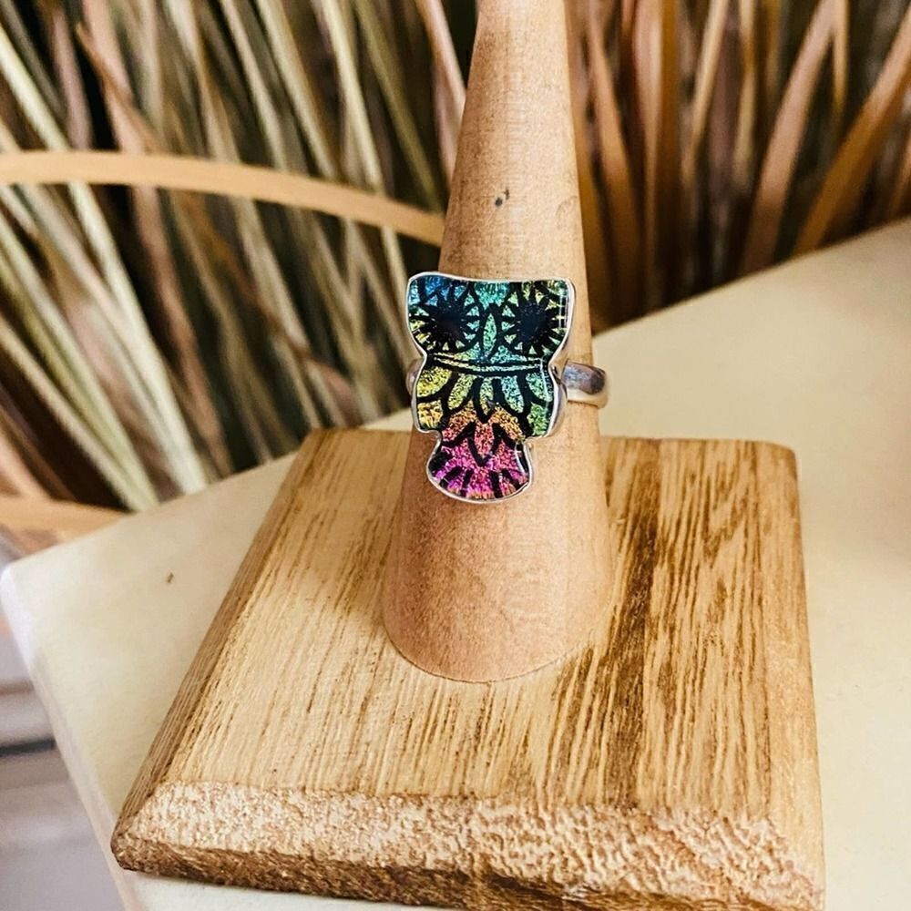 Owl Dichroic Glass Solid Sterling Silver Ring Size 7